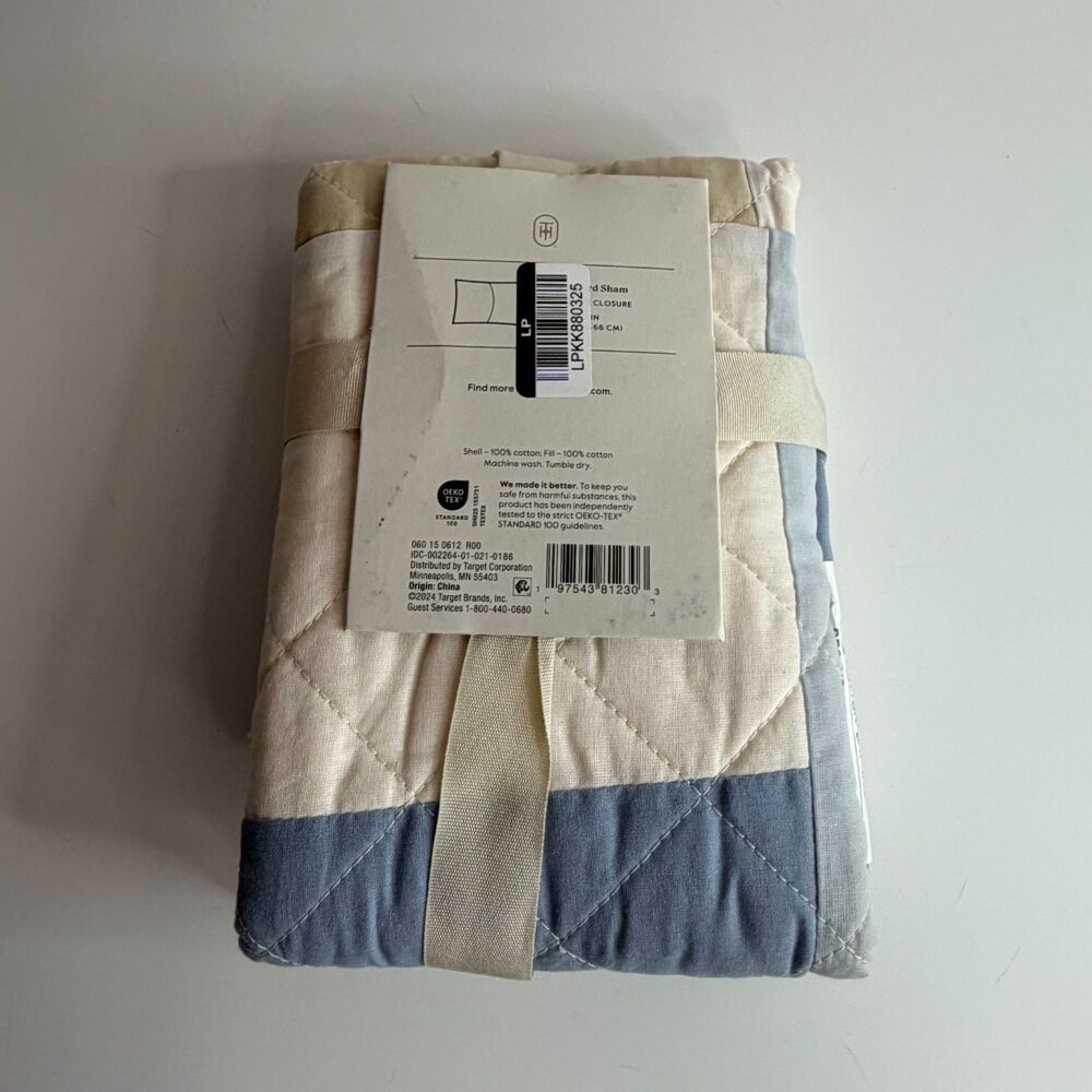 Threshold Cotton Pieced Standard Pillow Sham 20x26 NWT Blue Cream Beige - Picture 4 of 4